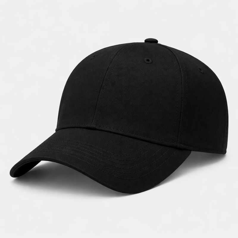 Black baseball cap with custom logo printed on the front panel, curved visor design, ideal for professional branding and promotions