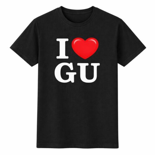 Black Tshirt for GU I love GU black cotton T-shirt with red heart graphic, casual college wear