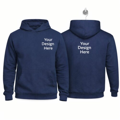 Blue Hoddie Navy blue men’s cotton hoodie with customisable front and back print areas, shown on model and hanger, ideal for logo and brand printing