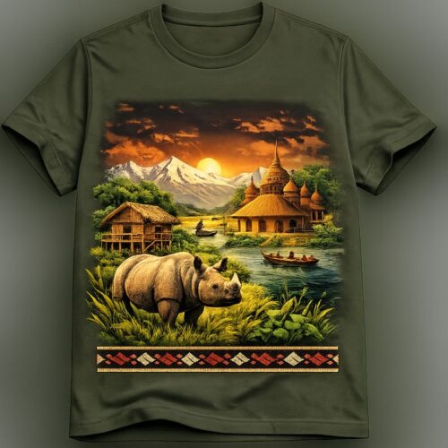 Printed Olive Green Cotton T-Shirt with Artistic Landscape Design Olive green cotton T-shirt with detailed artistic landscape and wildlife print on front