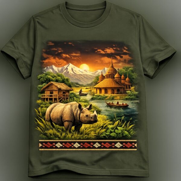 Printed Olive Green Cotton T-Shirt with Artistic Landscape Design Olive green cotton T-shirt with detailed artistic landscape and wildlife print on front