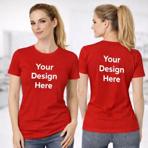 Red women’s round neck t-shirt with customizable front print area, worn by female model
