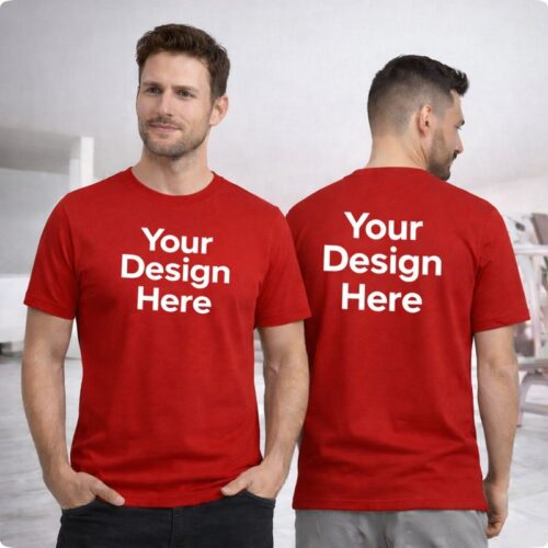 red-round-neck-tshirt-front-back-custom-print-mockup Red round neck men’s t-shirt with customizable front and back print areas, worn by male model