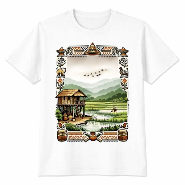 Traditional village life illustration on white T-shirt showing bamboo hut, green rice fields, river, mountains, and ethnic decorative border