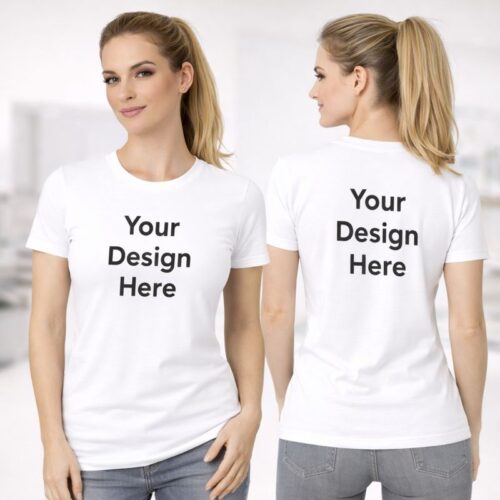 White women’s round neck t-shirt with customizable front and back print areas, worn by female model
