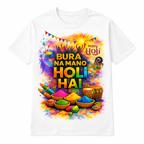 Bura Na Mano Holi Hai Happy Holi white t-shirt with colorful gulal, pichkari, and dhol graphic