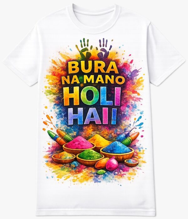 Bura Na Mano Holi Hai white t-shirt with colorful Holi powder splash graphic