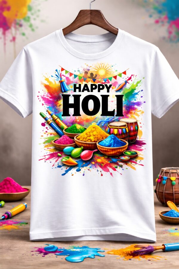 Happy Holi white t-shirt with colorful gulal powder, pichkari, and dhol graphic design