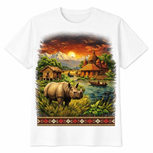 Printed White Cotton T-Shirt with Scenic Wildlife Artwork White cotton T-shirt with scenic wildlife and heritage landscape illustration printed on front